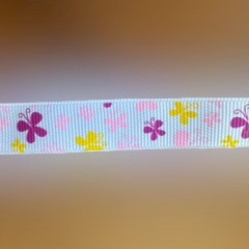 White Grosgrain Ribbon with Pink and Yellow Butterflys  ****ALL RIBBONS BUY 2 GE